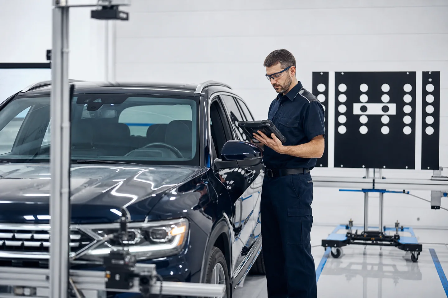 ADAS calibration targets set in front of a vehicle